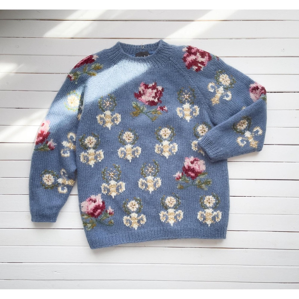 vtg SIBA blue floral fleur de lis mohair‎ sweater